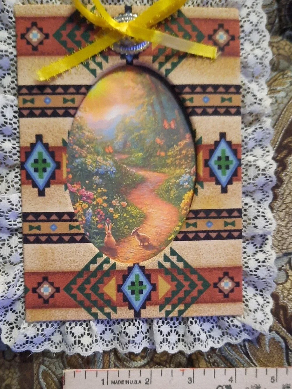 Navajo Handmade  Decorative Picture Frame with Sample  Oval Artwork and Lace